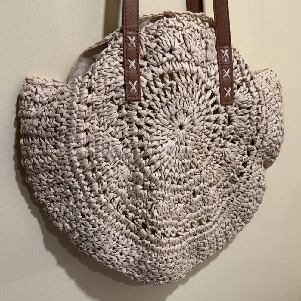 Beige Woven Tote Bag with Brown Straps - Picture 5 of 15